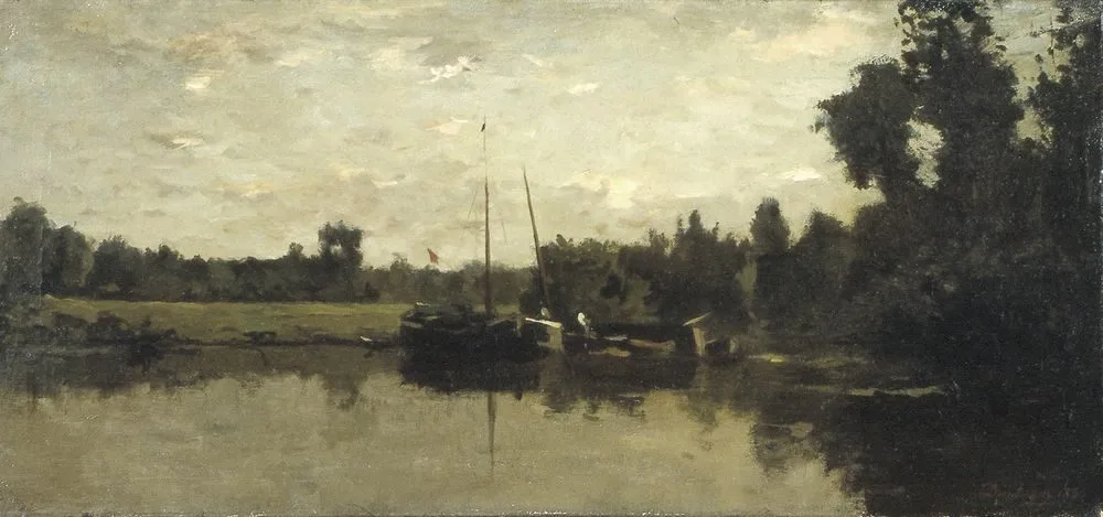 Landschap met schepen op een rivier in de avond, Charles-François Daubigny