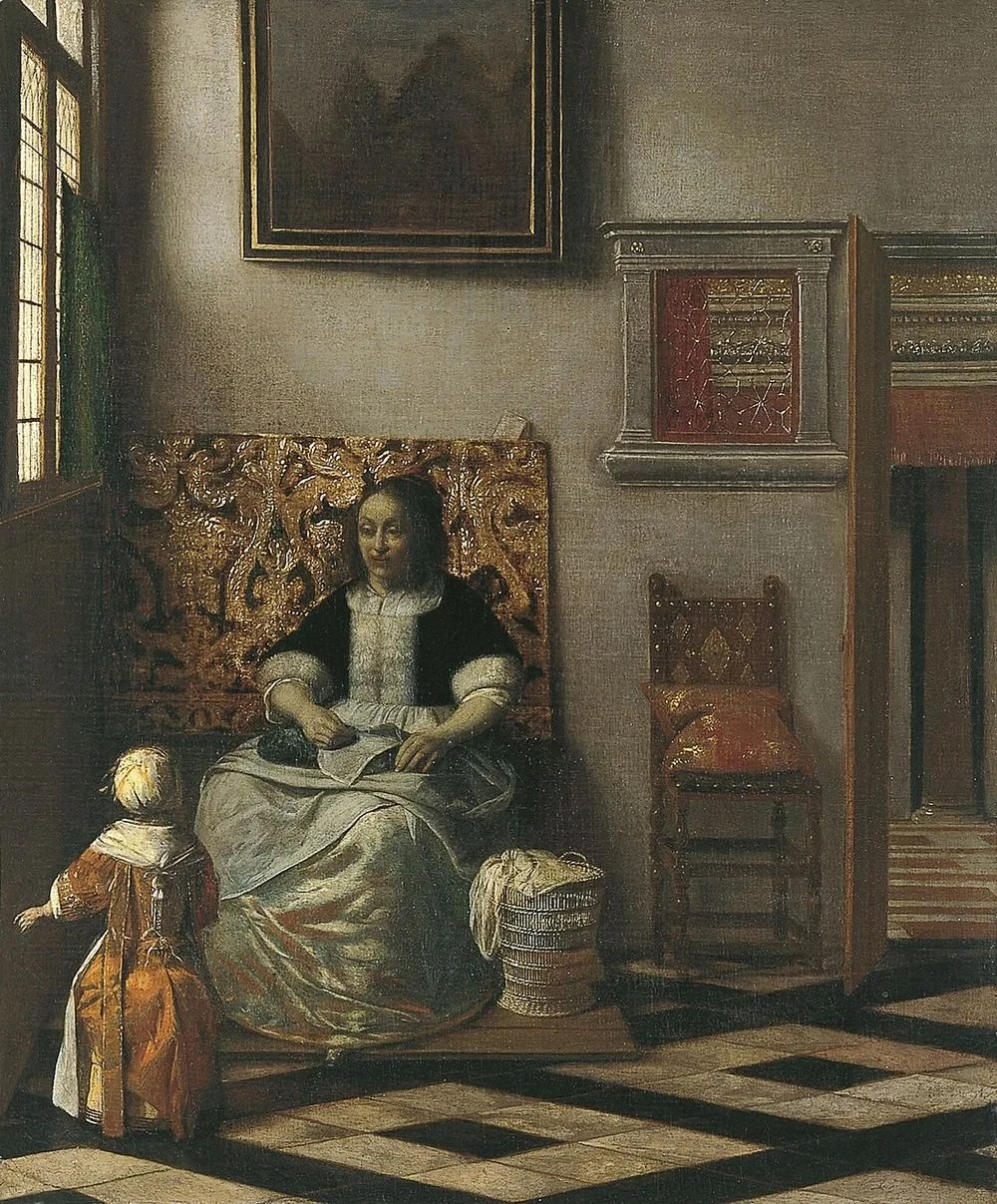 Interior with a Woman sewing and a Child, Pieter de Hooch