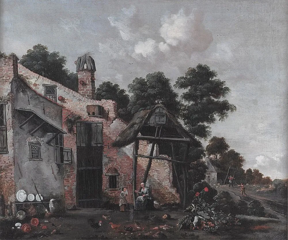 View of a farmyard near a cottage, Nicolaes de Vree