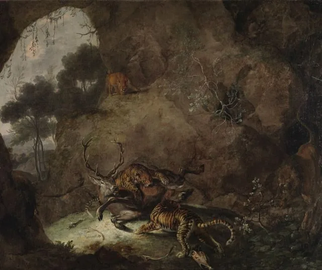 Zwei Tiger, einen Hirsch reißend, Carl Borromäus Andreas Ruthart
