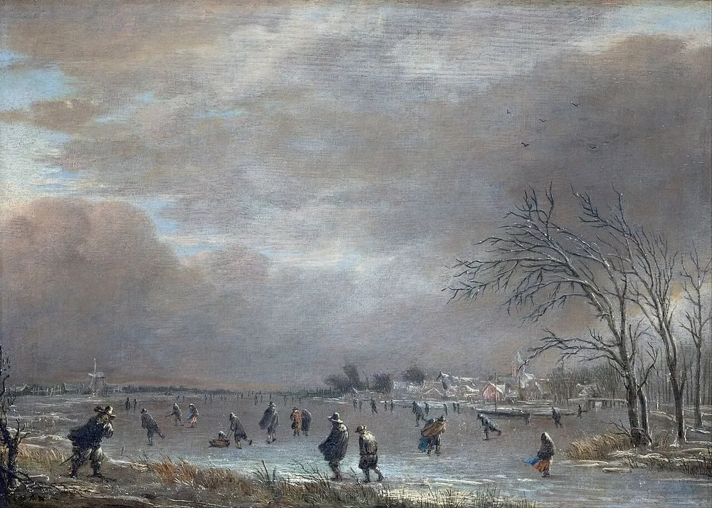 Winter Landscape with Skaters on a Frozen River, Aert van der Neer