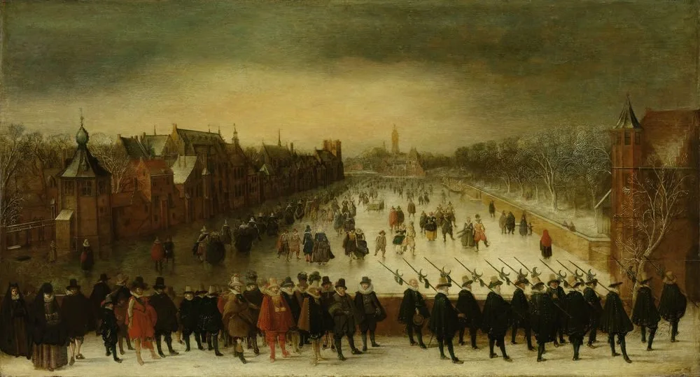 The Vijverberg, The Hague in winter, with Prince Maurits and his retinue in the foreground, Adam van Breen
