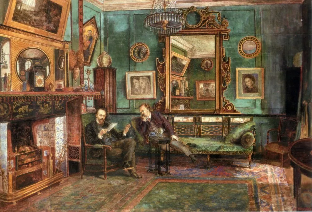 Dante Gabriel Rossetti lisant des épreuves de Sonnets and Ballads à Theodore Watts-Dunton dans l’atelier du 16 Cheyne Walk, Londres, Henry Treffry Dunn