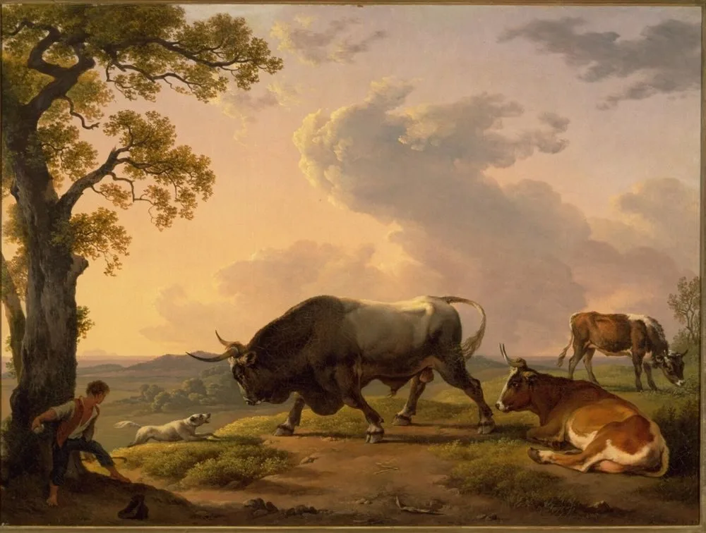 A bull attacked by a dog in an Italian landscape, Hendrik Voogd