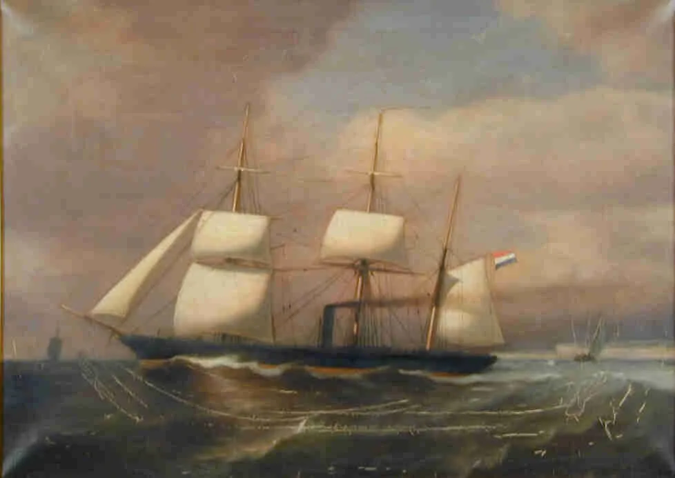 Het schroefstoomschip 4e klasse Zr.Ms. Riouw varend onder stoom en zeil, Petrus Paulus Schiedges