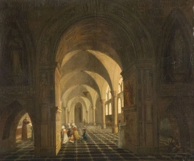 A franciscan monk blessing people in a church interior