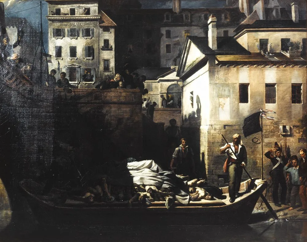 Transport de nuit, au Gros-Caillou, des cadavres non reconnus à la morgue, après les journées de juillet 1830, quai du Marché-Neuf, Louis Alexandre Peron