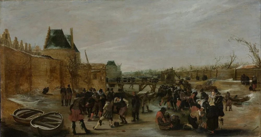 Frolicking on a frozen canal in a town, Hendrick Avercamp