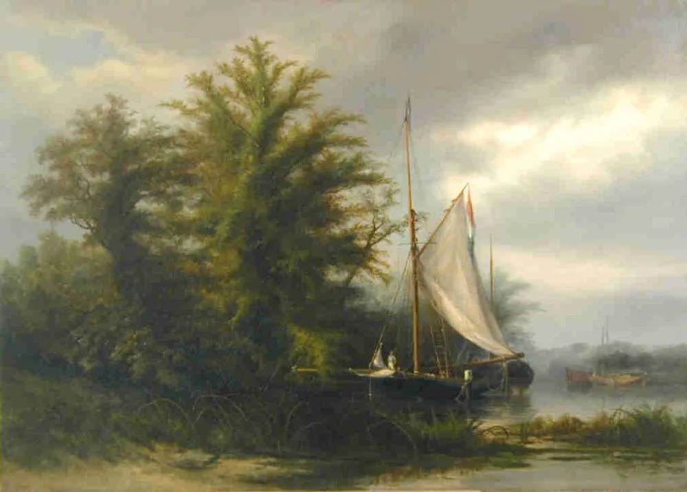 Een kotter afgemeerd nabij een bosrand, Johannes Gijsbert Vogel