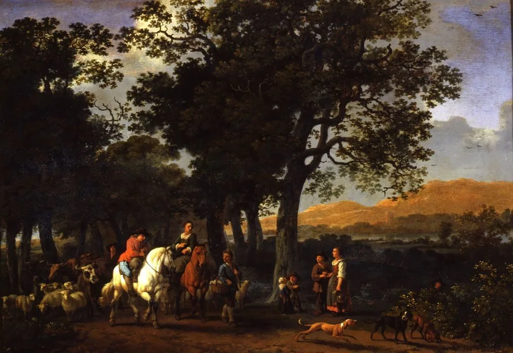 Wooded landscape with horsemen, peasants and cattle on a road, Abraham van Calraet