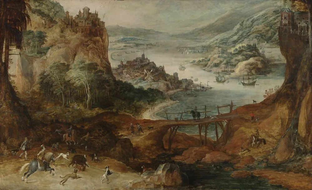River landscape with boar hunt, Joos de Momper the Younger