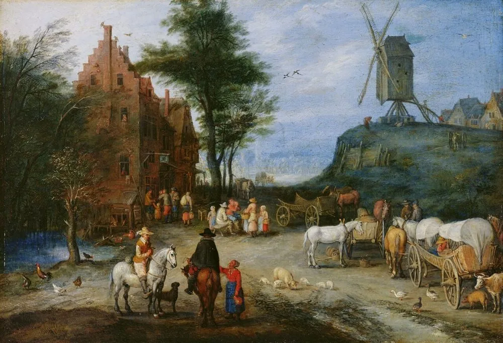 Village street, Jan Brueghel the Elder