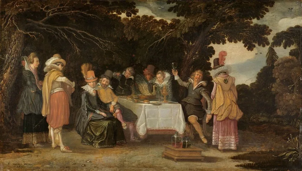 Elegant company dining in the open air, Esaias van de Velde