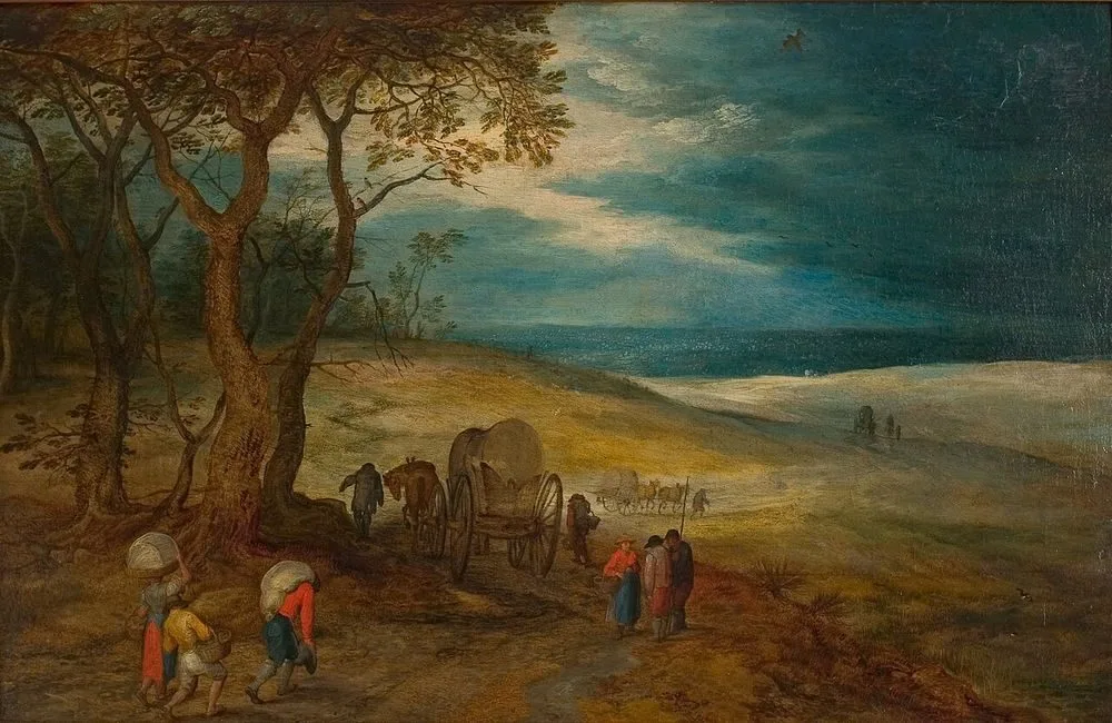 Hügelige Landschaft mit Fußvolk und Planwagen, Jan Brueghel the Elder