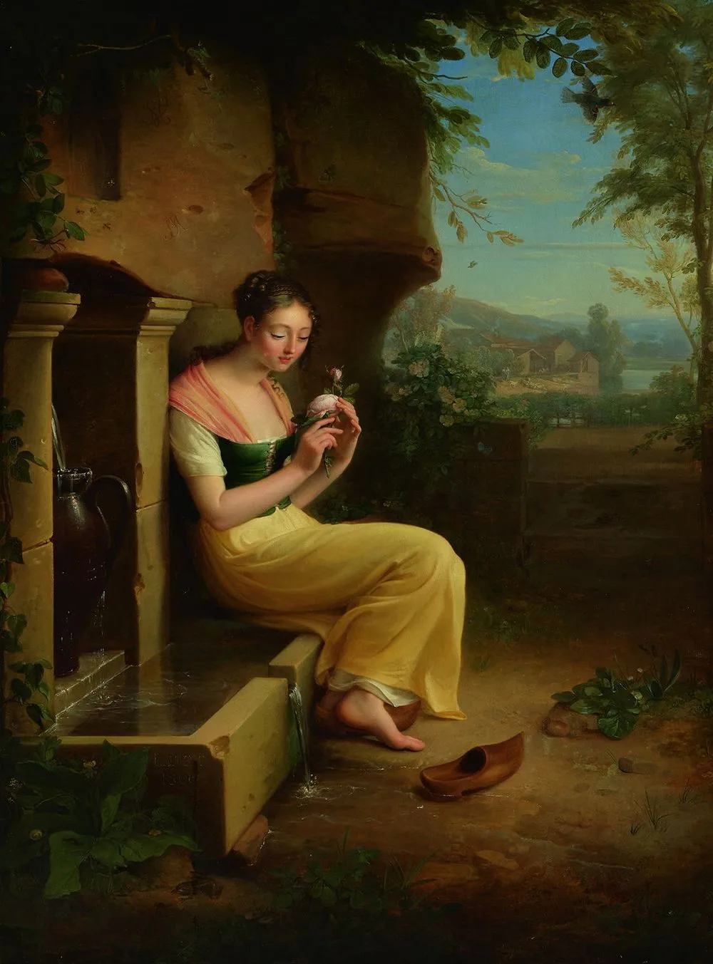 a young village woman holding a rose still soaked with dew and sitting on a fountain where she is fetching water, Jean-Antoine Laurent