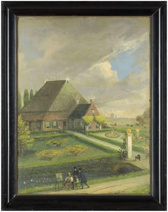 Landschap met kop-romp-type boerderij, vermoedelijk gelegen aan de Lekkumerweg onder Leeuwarden, Otto de Boer