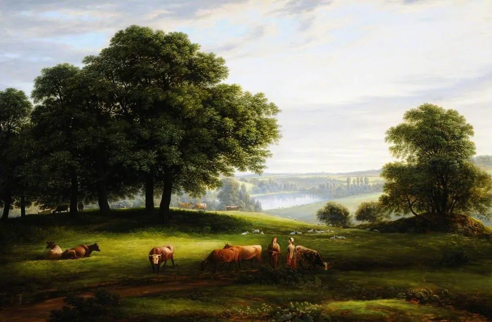 A View of Calke Park with a View of Lower Dog Kennel Pond, Figures, Cattle and Sheep, John Glover