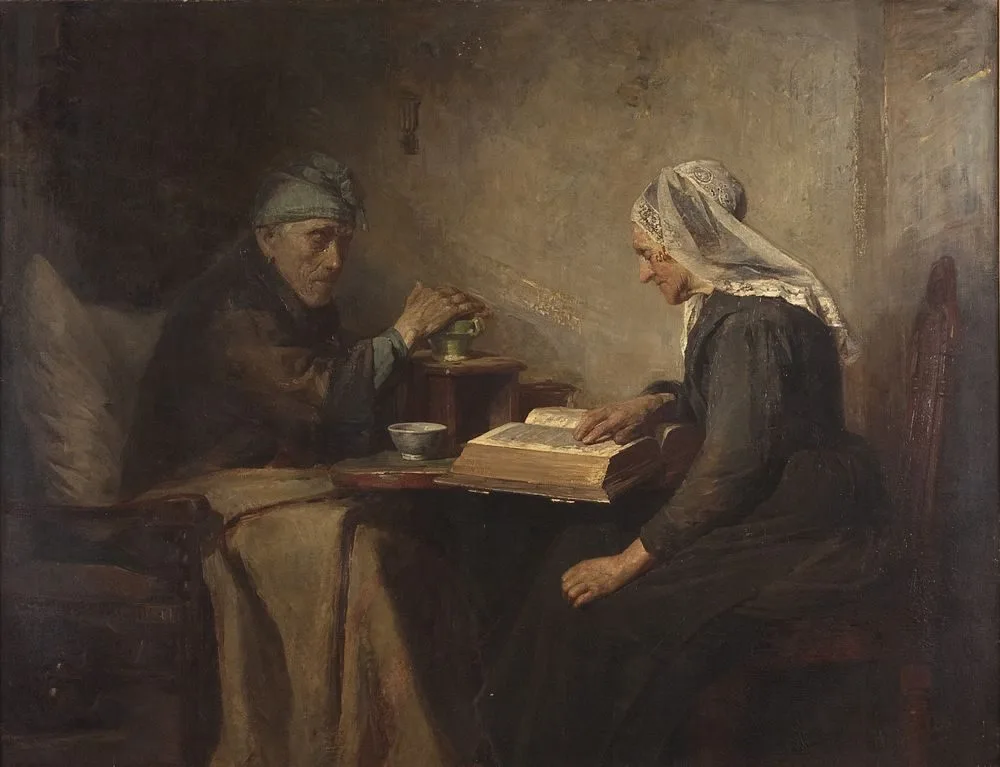 Interieur met oude man en een vrouw die de bijbel leest, Henricus Johannes Melis