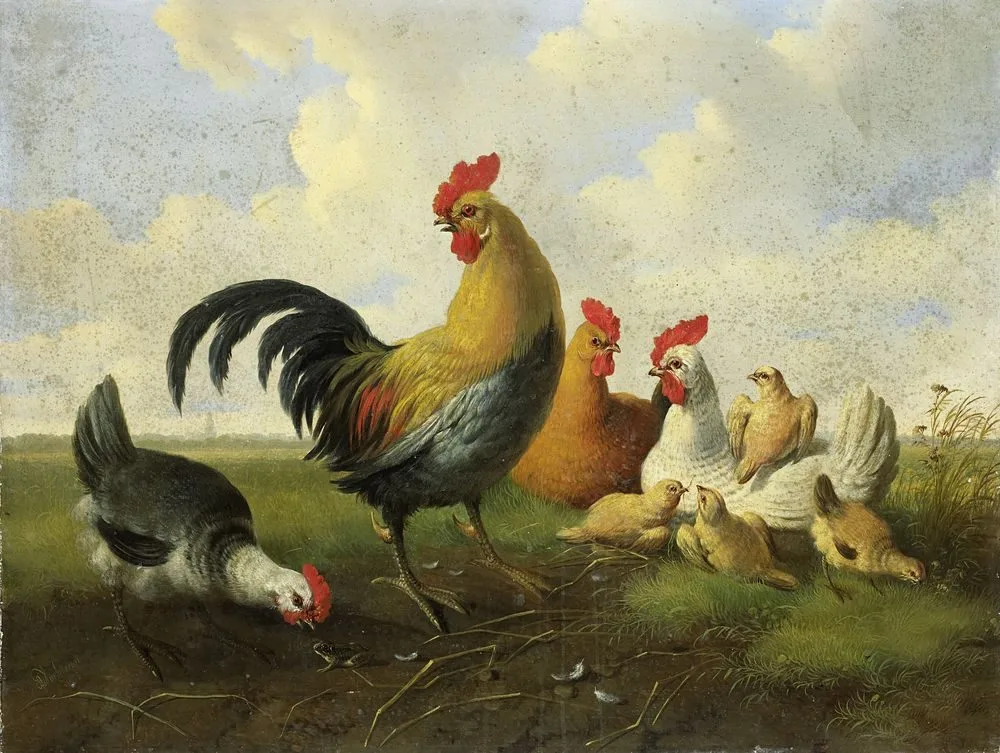 A rooster with Hens and Chicks, Albertus Verhoesen