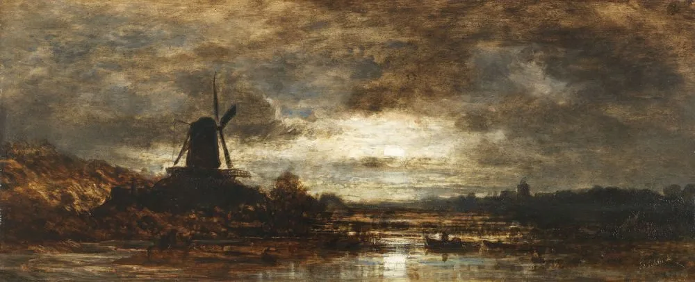 Holländische Flusslandschaft mit Mühle bei Mondschein, Eduard Schleich the Elder