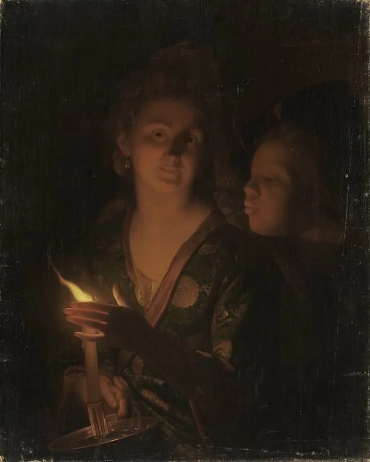 Woman with a candle that a boy tries to blow out, Godfried Schalcken