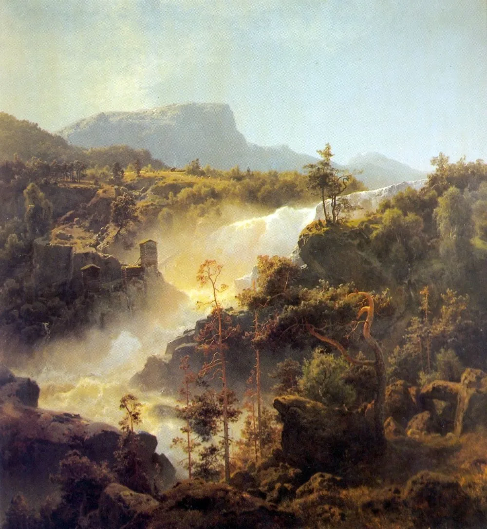 Hans Gude—Tessefossen I Vaga I Middagsbelysning—1848-, Hans Gude
