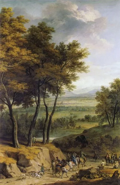 Landscape with view towards Munich, with a hunting party returning home, Franz Joachim Beich