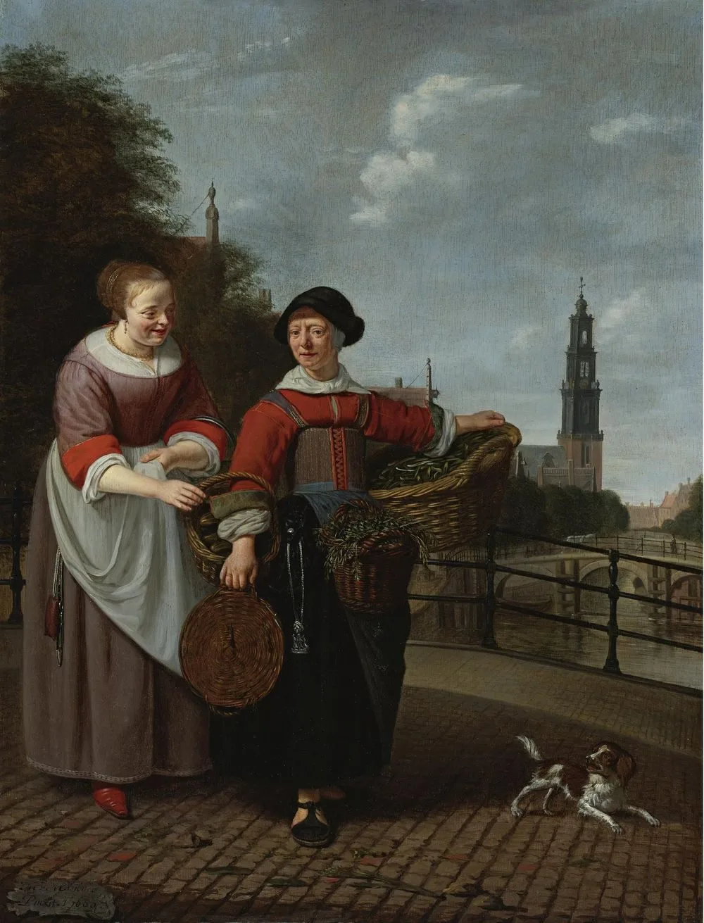 A female vegetable seller and a housewife at the Eenhoornsluis in Amsterdam, in the background the Westertoren, Michiel van Musscher