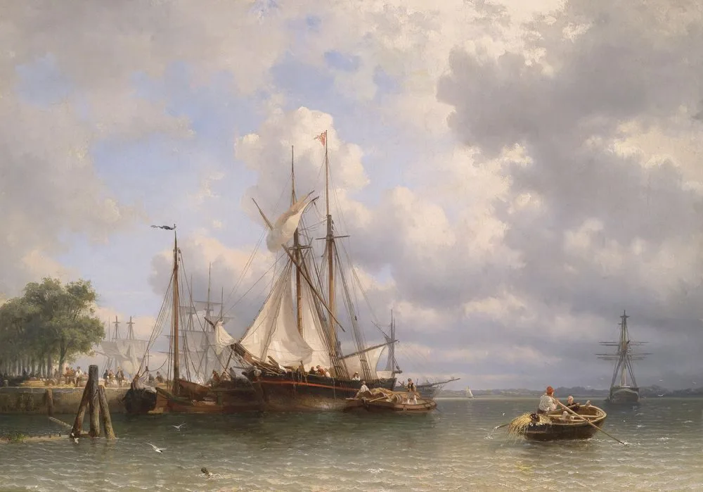 Sailing ships in the harbor, Anthonie Waldorp