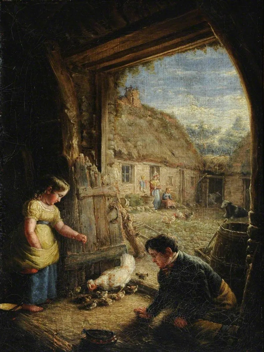 Two Children feeding Chickens, William Shiels
