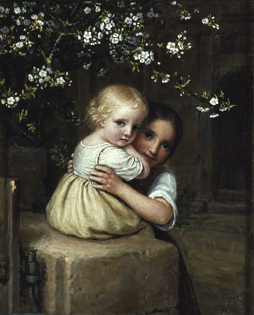 Girl holding a child under a blossoming apple tree, August von der Embde