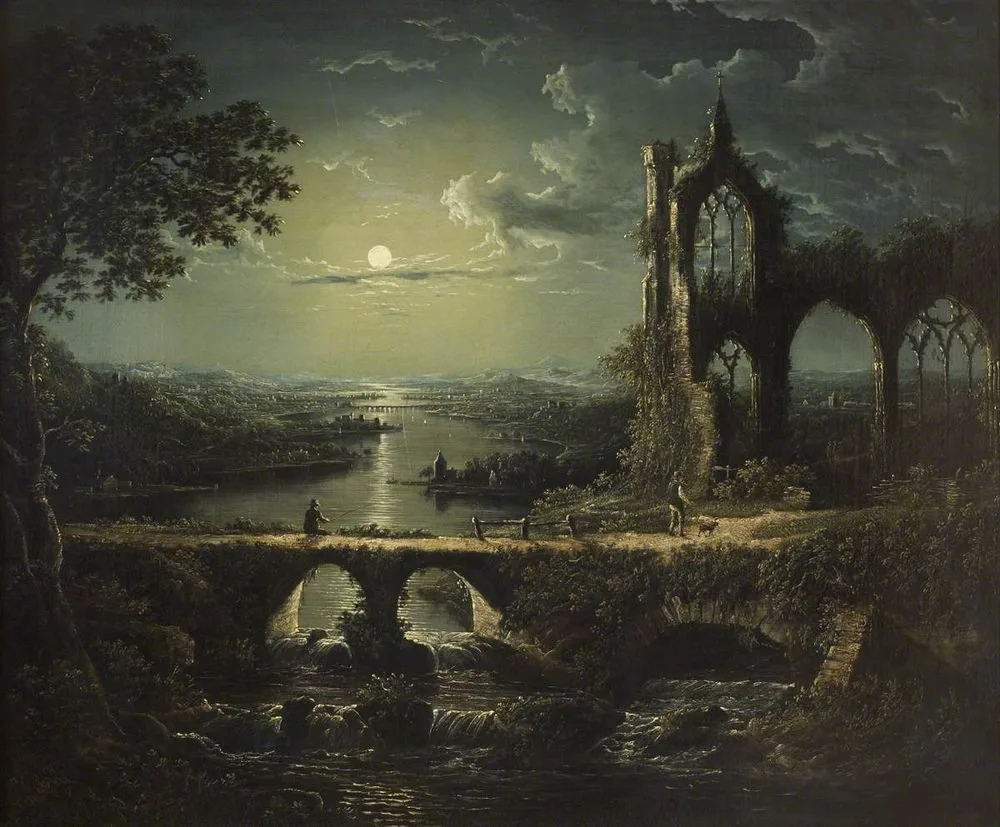 Moonlit River Scene with a Ruined Gothic Church and an Arched Stone Bridge with an Angler, William Pether