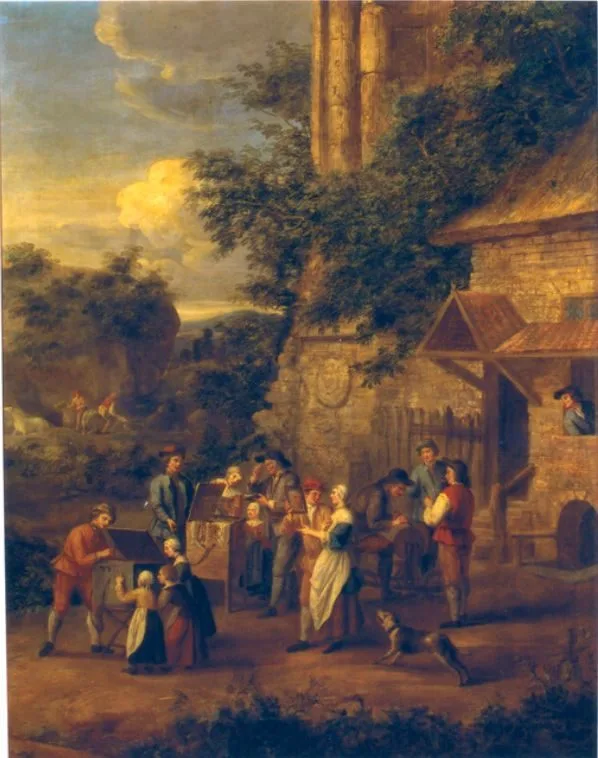 Market stall holders and a knife grinder