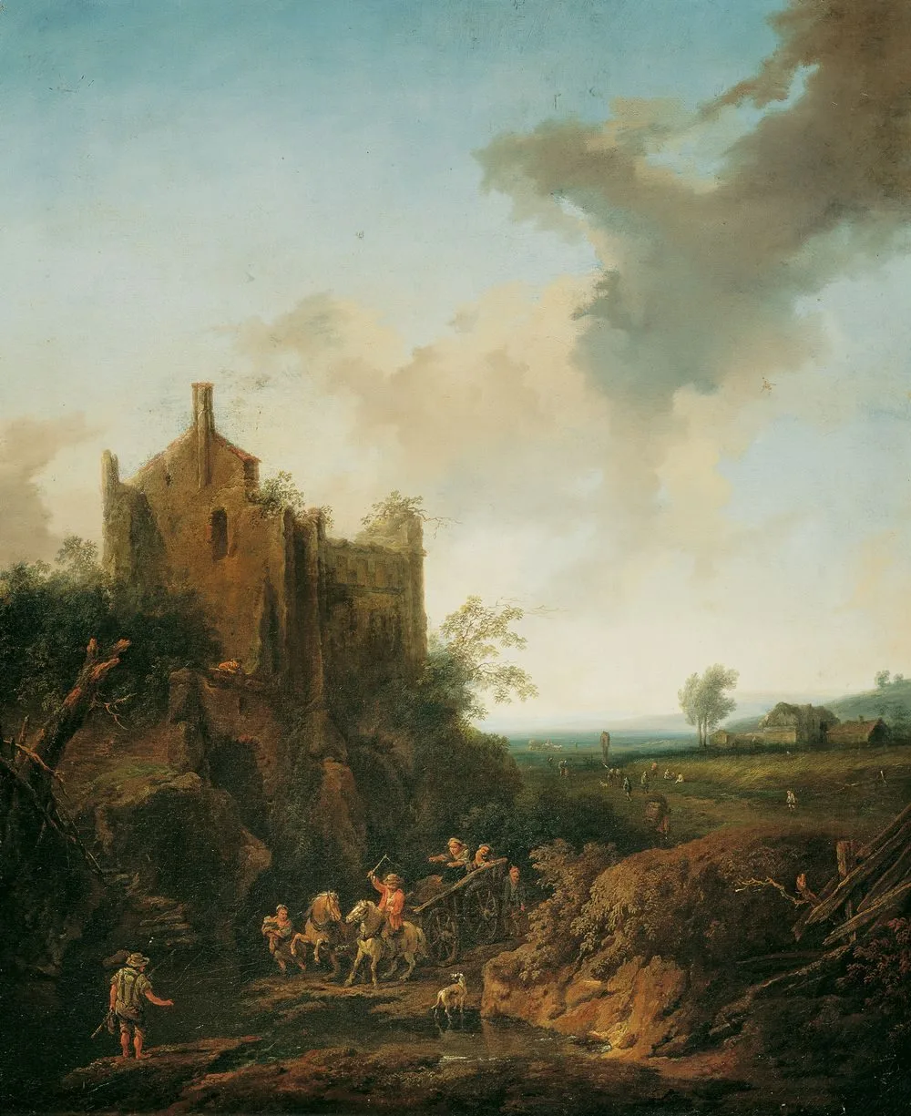 Landscape with a ruined castle near a fordable place in the river
