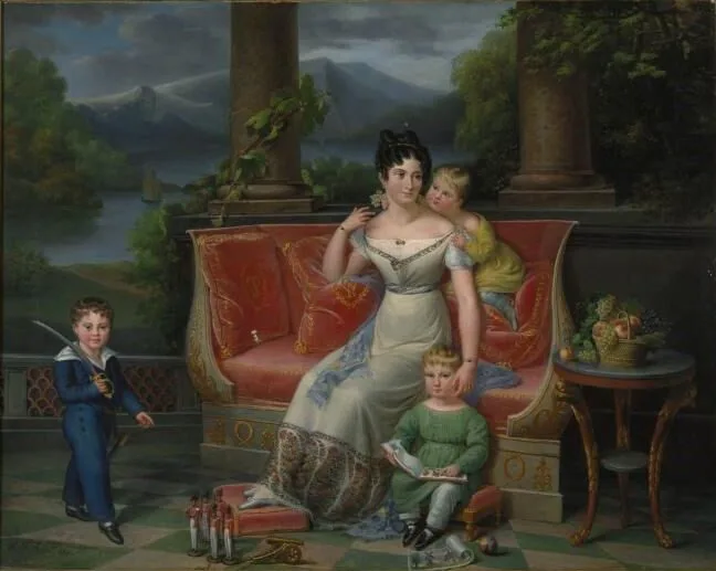 An elegant lady with three children on a neoclassical settee, on a balcony, Jenny Berger-Désoras