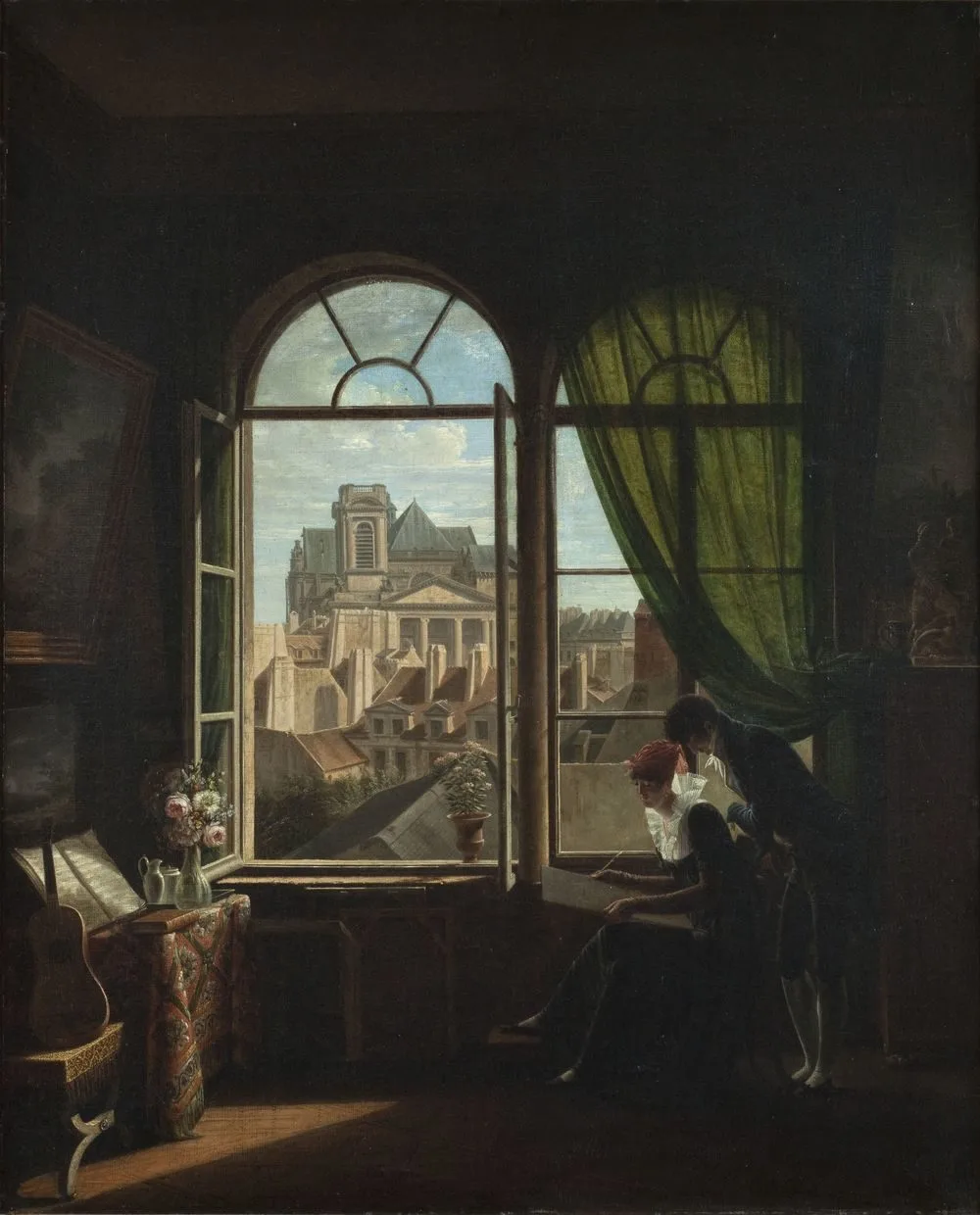 Interior with the artist at work and a view on the Église Saint-Eustache, Louise-Adéone Drölling
