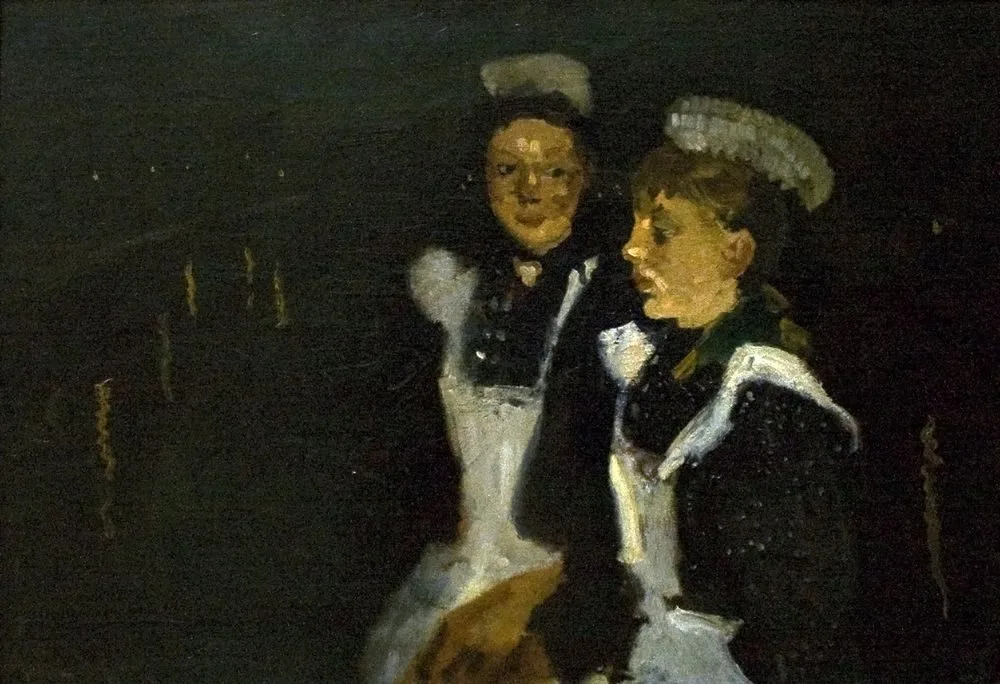 Twee dienstboden op een Amsterdamse brug bij avond, George Hendrik Breitner