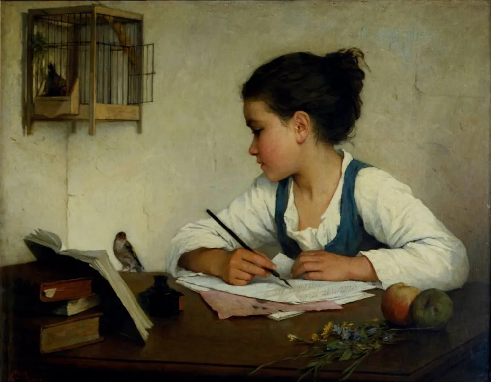 A Girl writing; The Pet Goldfinch