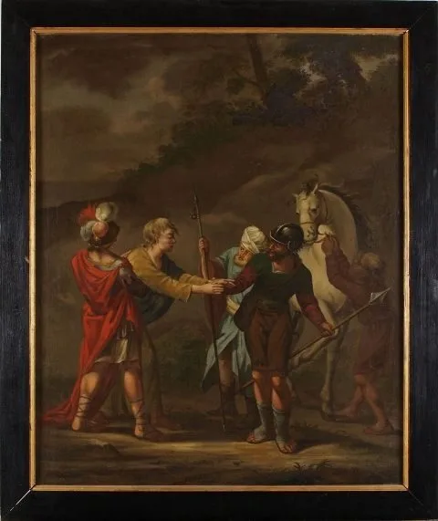Landschap met drie soldaten, jongen met paard en een gevangene, Frans Willems Swart