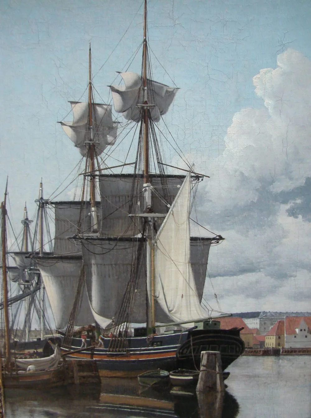 A View from Wilder’s Wharf. A Ship unloading and drying Sails.