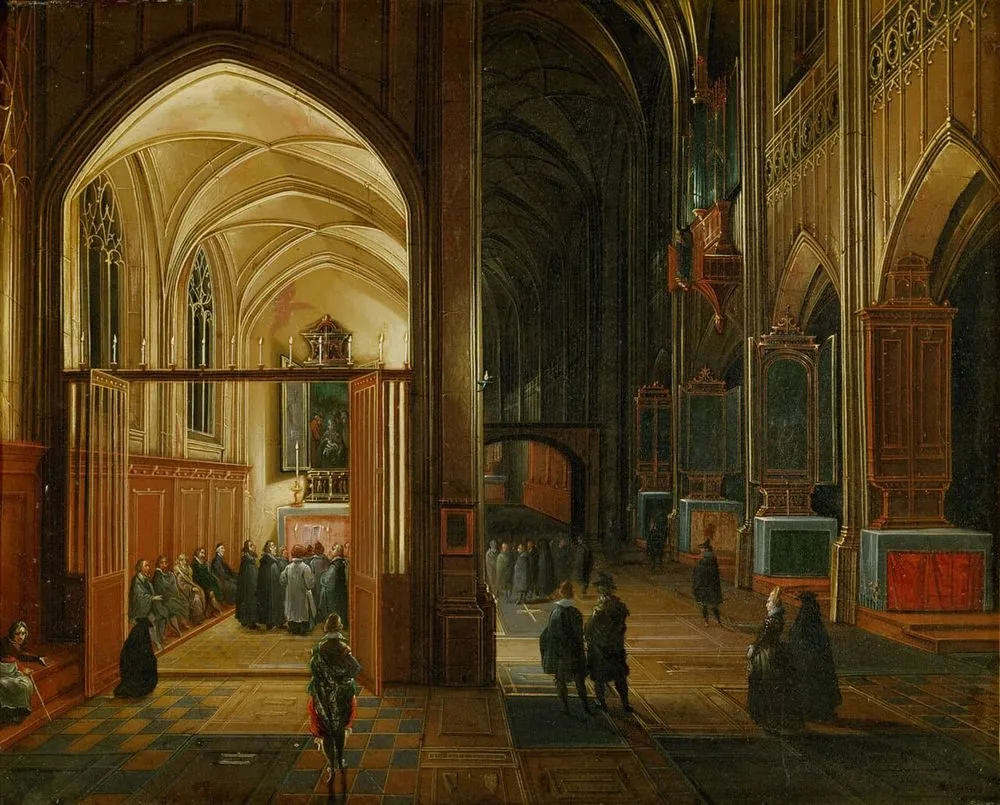 Abendlicher Gottesdienst in einer gotischen Kirche, Hendrik van Steenwijk I