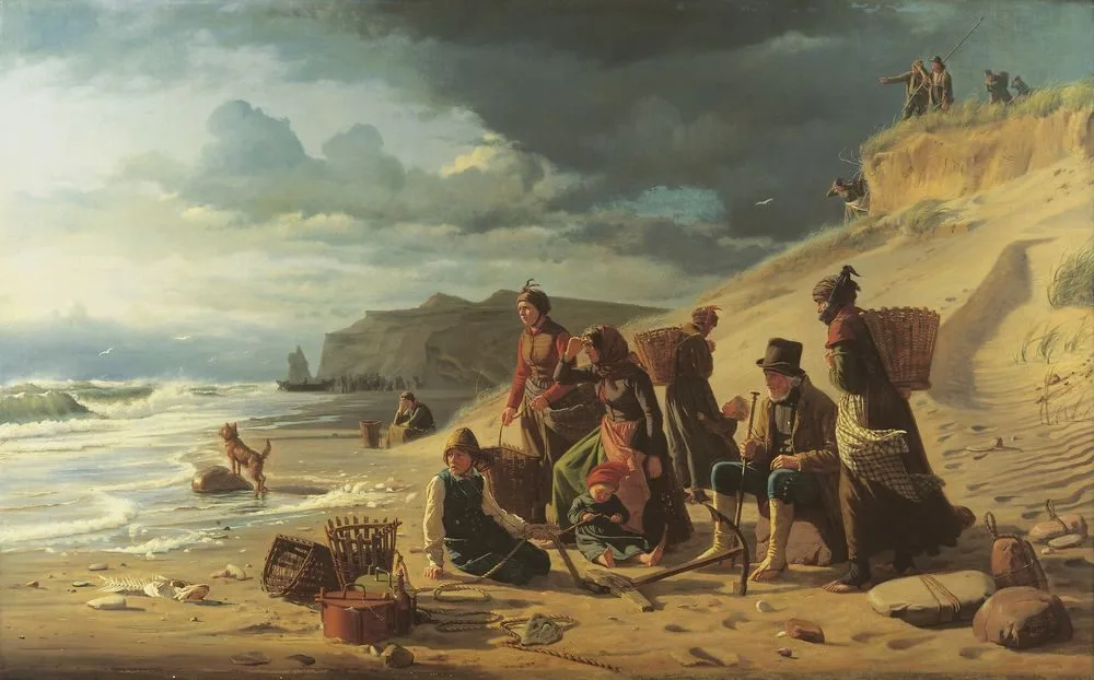 Fishermen’s families avaiting their return in an approsching storm. From the west coast of Jutland., Carl Bloch
