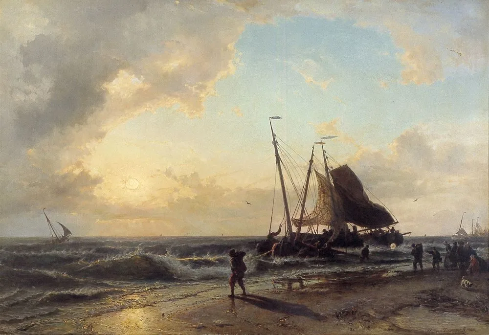 Beach with fisher - boats, Willem Antonie van Deventer