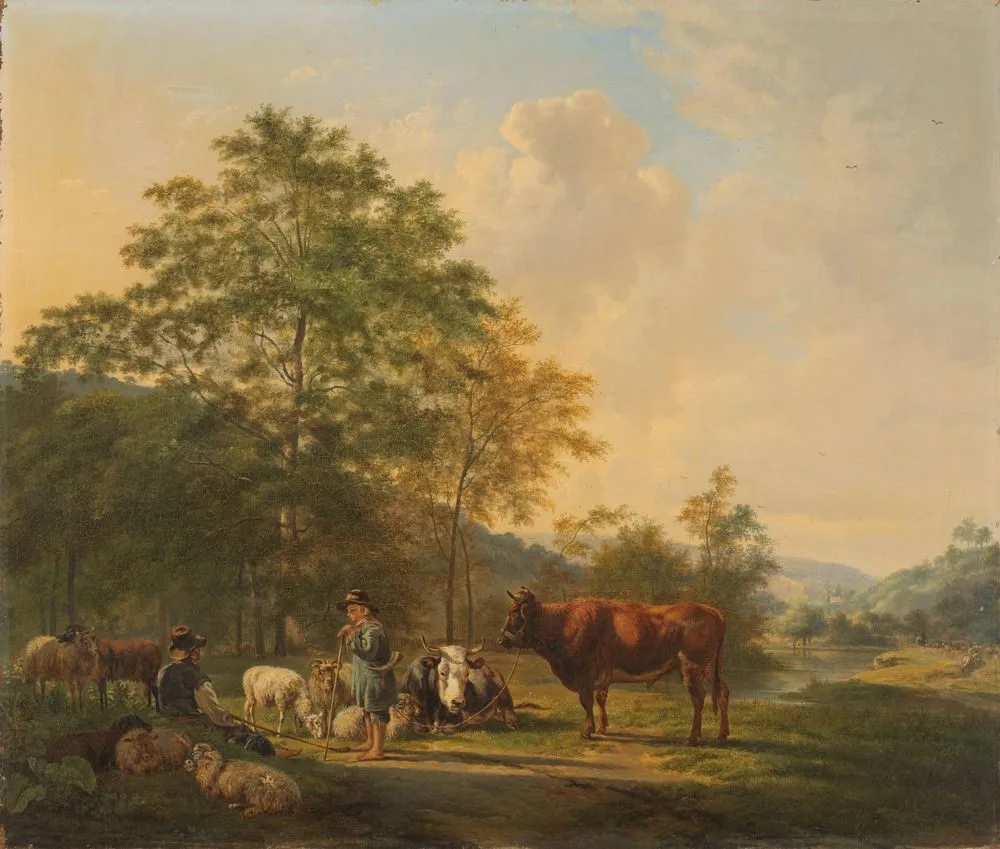 Hilly Landscape with Shepherd, Drover and Cattle, Pieter Gerardus van Os