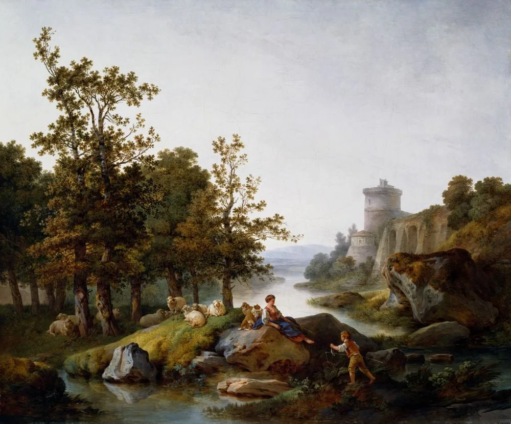 Landscape with a Shepherdess and a Boy Fishing, Jean-Baptiste Huet