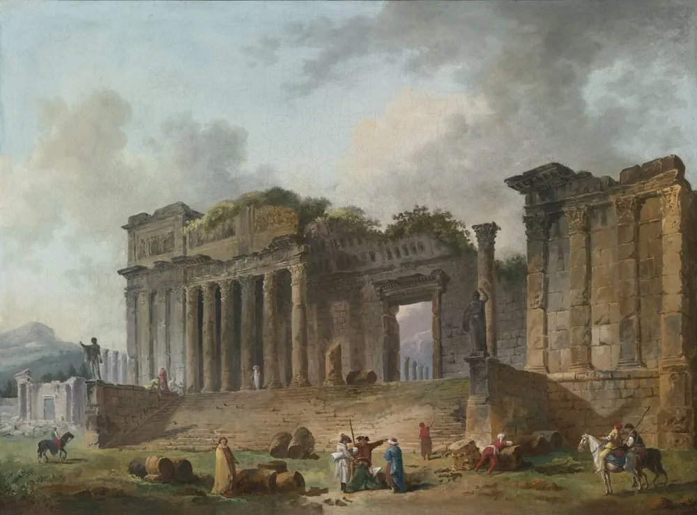 An architectural capriccio with an artist sketching in the foreground, Hubert Robert