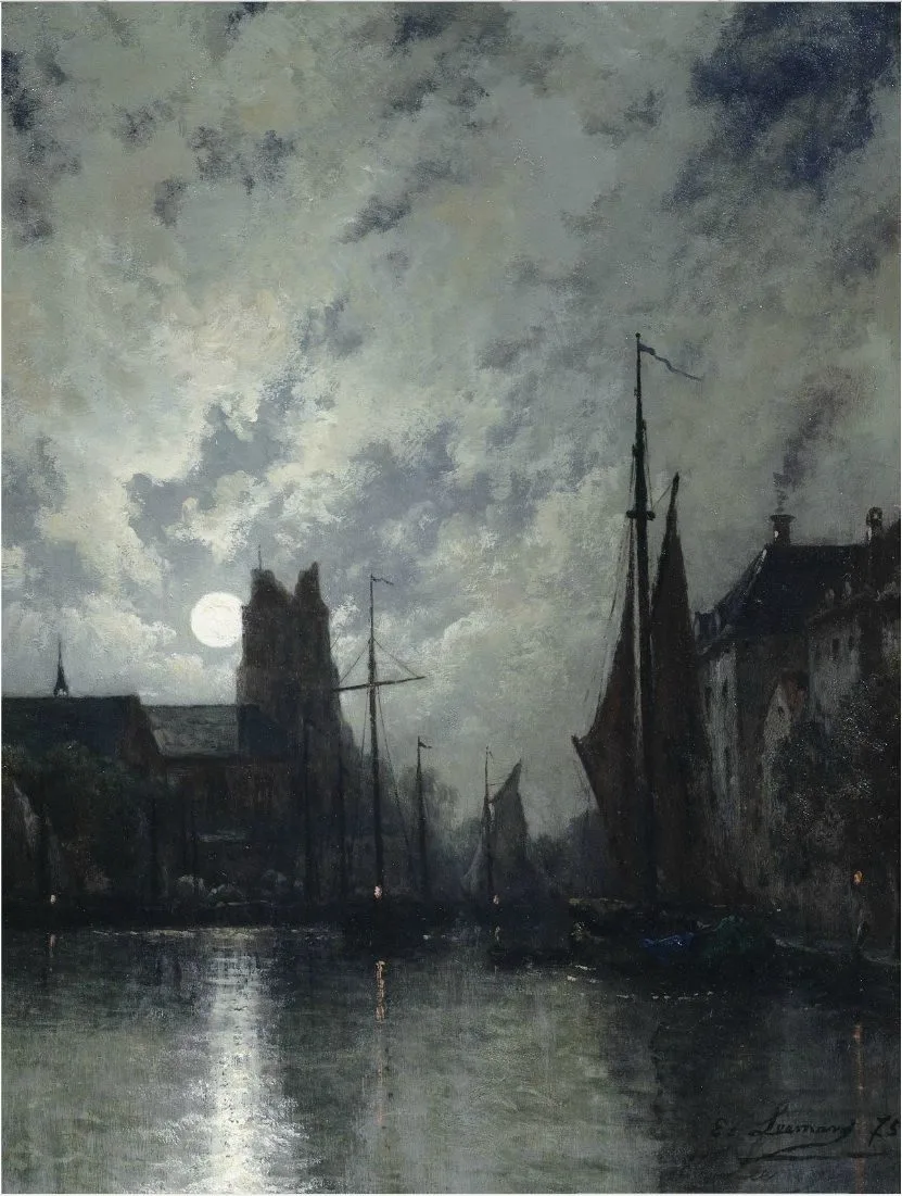 Canal in Dordrecht at moonlight, Egide François Leemans