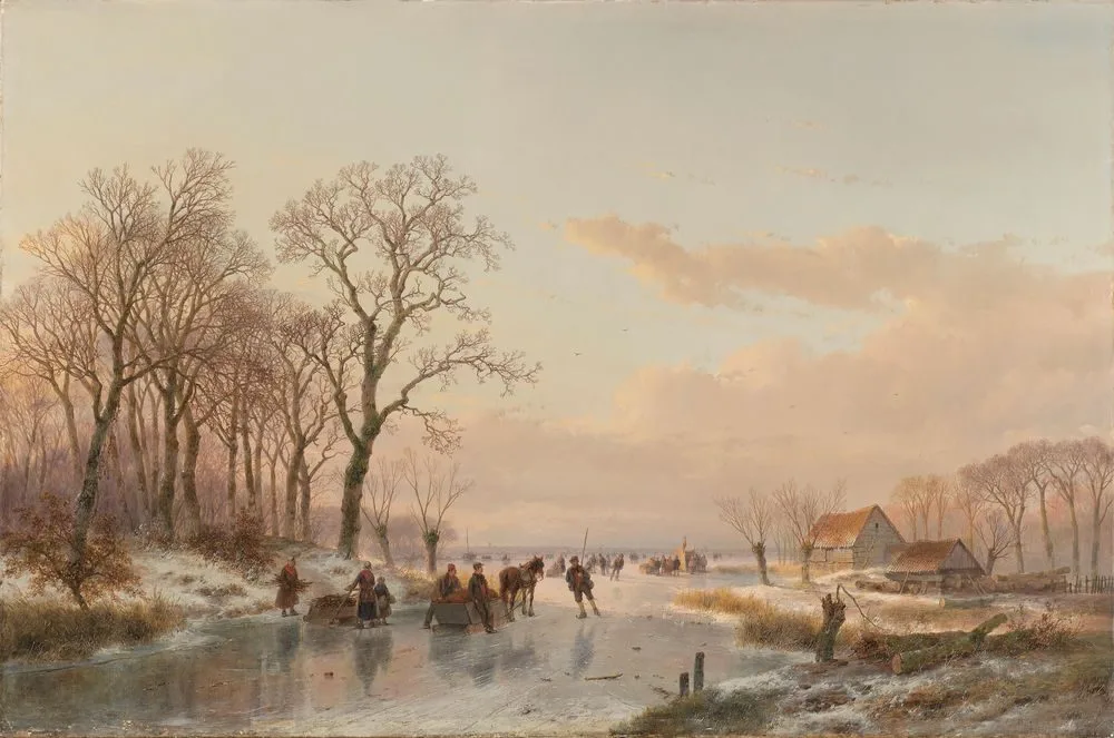 A Frozen Canal near the River Maas, Andreas Schelfhout