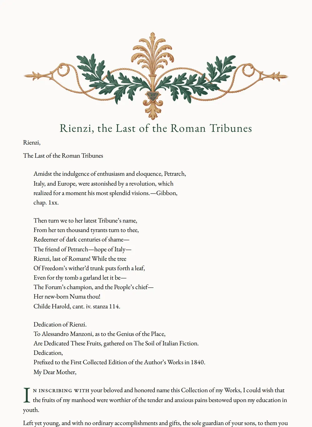 A page of Rienzi, the Last of the Roman Tribunes as set for this edition