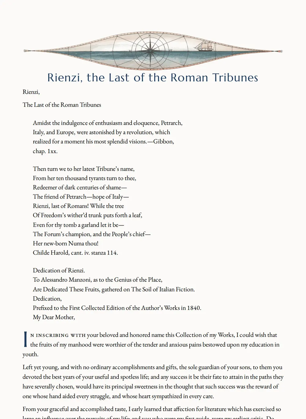 A page of Rienzi, the Last of the Roman Tribunes as set for this edition